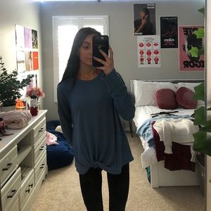 lush blue tie front crewneck sweater